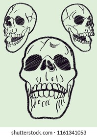 Set of three skulls in a technique resembling embroidery at the same angle, from a hand drawn illustration.
