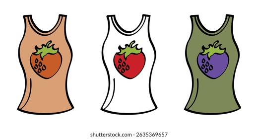 Conjunto de três tampos de tanque sem mangas em marrom, branco e verde com impressões de morango