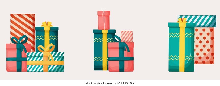 A set of three small hills with gifts for the holidays, New Year and Christmas, wrapped in gift wrapping, tied with a ribbon and decorated with a lush bow on top. The sets are located 