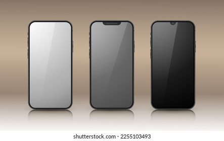 Un conjunto de tres smartphones en un fondo beige. Modelos 3D realistas de teléfonos móviles con sombras y puntos destacados. Ilustración vectorial.