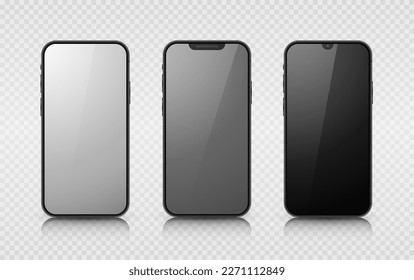 A set of three smartphones on a transparent background. Realistic 3D models of mobile phones with shadows and highlights. Front view. Vector illustration.