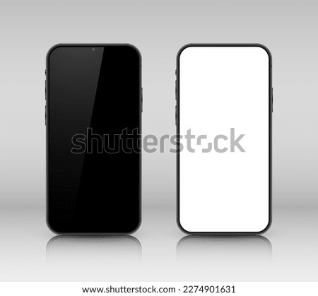A set of three smartphones on a transparent background. Realistic 3D models of mobile phones with shadows and highlights. Front view. Vector illustration.