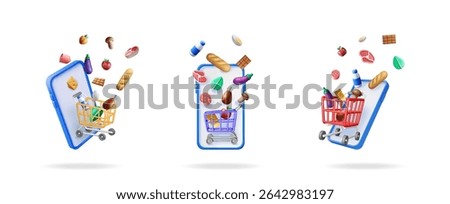 Set of three smartphones with shopping carts full of flying groceries for online ordering. Digital commerce concept.