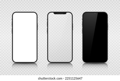 A set of three smartphones with white, transparent and black screens. Realistic 3D models of mobile phones with shadows and highlights. Front view. Vector illustration.