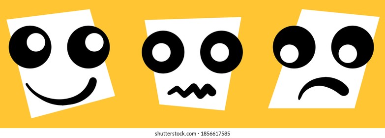 Set of three smileys of emotions - smiling, neutral and upset.Eyes and mouths on papers isolated. Quality and feedback conceptual eps10 vector image.