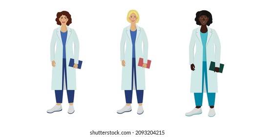 Conjunto de tres doctoras sonrientes, diferentes nacionalidades de fondo blanco. Ilustración vectorial.