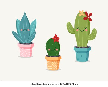 Set of Three Smiling Hand Drawn Cactus in Pots.