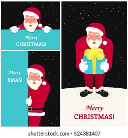 Set of three smiling Santa Claus wearing red hat and glasses and ribbon with merry chrismas text and gift. Greeting cards set for website banner, flyer, xmas background with copy space