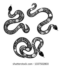 Set of three snakes in scandinavian style on white background. Hand drawn vector illustration.