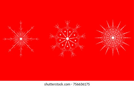 Set of three snowflakes isolated on red background. Happy New Year vector  illustration