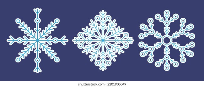 A set of three snowflakes in the style of cut paper on a blue background. Isolated vector design. A collection of blue snowflakes on white paper for postcards, banners and other designs.