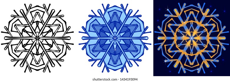A set of three snowflakes in the style of hand-drawing in black and white version, with a blue color and with a gradient fill of yellow and blue. To create winter patterns and backgrounds for holiday.