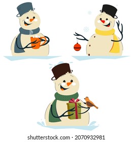 A set of three snowmen. With a gift, with a mug and with a Christmas tree toy. Isolated on a white background, flat style. Vector graphics