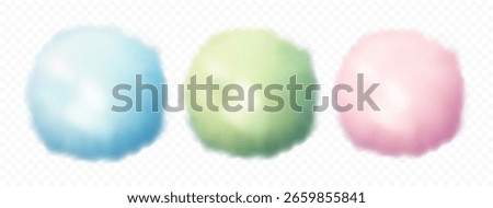 Set of three soft cotton-like balls in pastel blue, green, and pink. Light, fluffy texture with transparent background. Ideal for baby shower designs, nursery decor, crafts, and gentle backgrounds