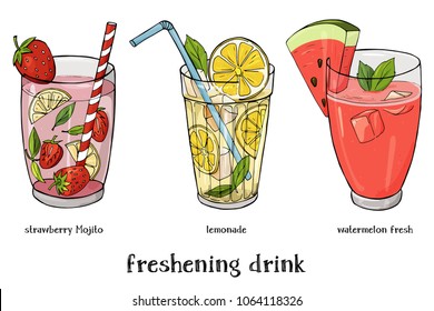 Set of three soft drinks. Lemonade, strawberry Mojito and watermelon fresh. Colorful vector illustration in sketch style.