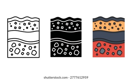 A set of three soil layer cross section icons showing different geological strata in line art, solid, and colored styles.