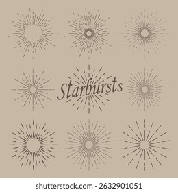 A set of three solar bursts. Icons of the black sun on a beige background. Solar bursts, elements of a shining star. Vintage labels, badges, fireworks, or logos. Vector Eps 10.