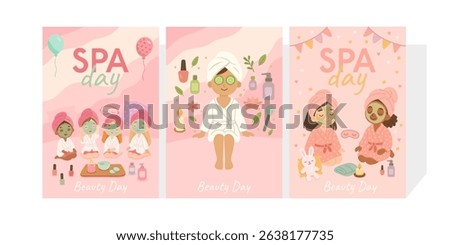 Set of three SPA DAY pink posters featuring girls in towels and face masks, candles, and spa items for children wellness and skincare decoration. Vector illustration