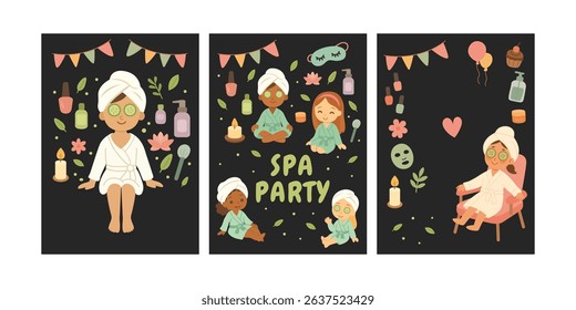 Set of three SPA PARTY posters with girls in towels and face masks, spa objects, balloons, banners, candles and skincare items on dark backgrounds. Vector illustration
