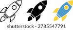 Set of three space shuttle rocket ships in different styles including black line art flat silhouette and blue yellow color.