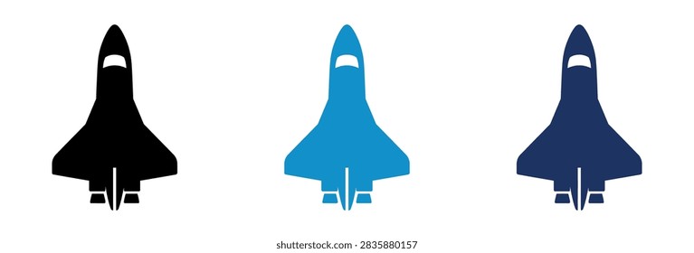 A set of three space shuttle silhouettes in black light blue and dark blue colors representing space exploration and rocket technology