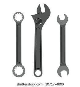 Set of three spanners on a white background