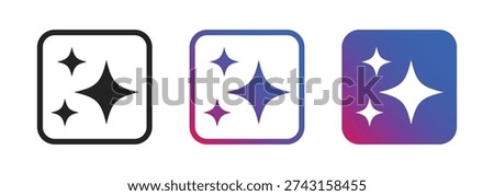 A set of three sparkle icons representing cleanliness, magic, and artificial intelligence enhancement. The icons feature four-pointed stars inside rounded square frames with black, gradient, and solid color variations.