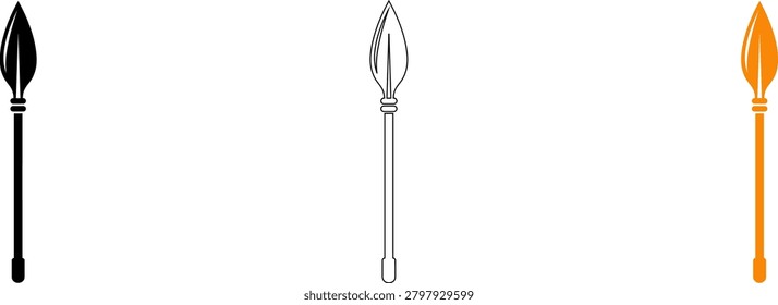 A set of three spear illustrations in different colors and styles, showcasing unique spearhead shapes and handle details