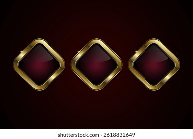 Conjunto de tres Botones de Formas especiales de diseño de Vector con Botón en forma de diamante con un centro negro brillante enmarcado por un Vector de borde de oro brillante