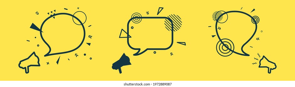 Set of three speech bubbles and loudspeakers with abstract geometric shapes. Outline megaphone sticker and black frame on yellow background. Flat banners with place for text, vector card illustration.