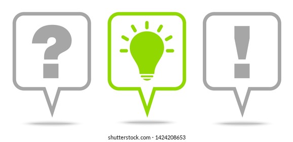 Set Of Three Speech Bubbles Question Idea Answer Grey And Green Outline