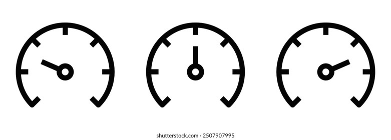 Conjunto de tres iconos de velocímetro en estilo minimalista, que simbolizan el rendimiento, la velocidad y la medición. Ilustración vectorial. Trazo editable.