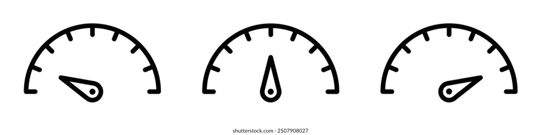 Set of three speedometer icons in minimalist style, symbolizing performance, speed, and measurement. Vector illustration. Editable stroke.