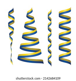 Set of three spiral zig zag ribbons with Ukrainian flag colors isolated on white background. Support Ukraine. Ukrainian national holiday or event decoration. Design element for banners and posters