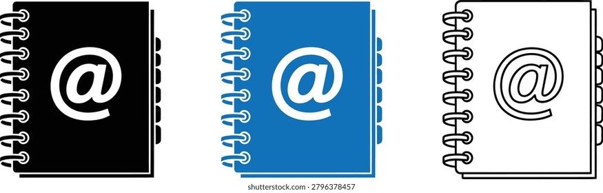 Set of three spiralbound notebooks with at symbol on covers in various colors