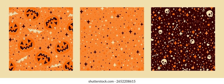 A set of three spooky seamless vector patterns. Includes jack-o-lanterns with bats, skulls with bones, and a festive star texture. Perfect for Halloween fabric or wrapping paper.