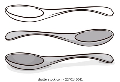 Set with three spoons in different styles: outlines, flat color and cartoon style.