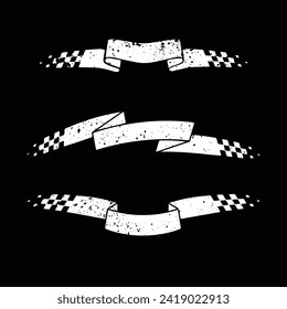 Set of three sport race ribbons with grunge texture and sample text isolated on black background for car racing designs