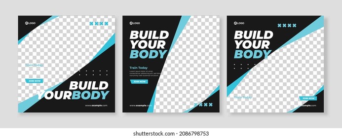 Set of three sporty background of gym fitness promotion banner social media pack template premium vector