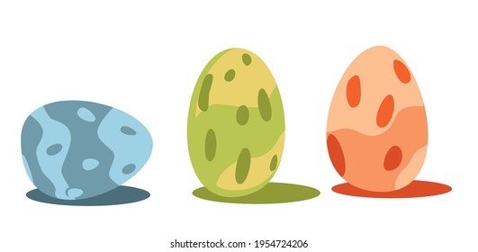 a set of three spotted eggs in different colors, blue, green and red. Perhaps these are eggs of a quail, thrush or dinosaur. Vector illustration isolated on white background.