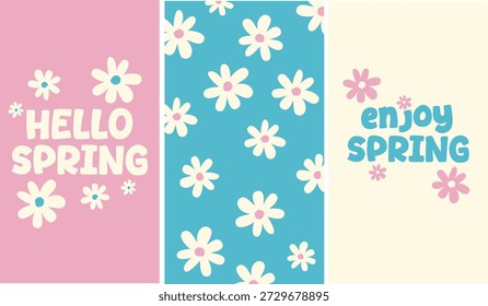Set aus drei Frühlingsfloralhintergründen mit handgezeichneten Gänseblümchen und verspielten Schriftzügen in einer blauen, rosa und beigen Farbpalette. Enthält Designs mit "Hello Spring", "Enjoy Spring" und einem minimalen floralen Hintergrund. Flache Vektorgrafiken, geeignet für Banner, Poster, Grußkarten, Verpackungen, Branding, Präsentationen und saisonale Designprojekte.