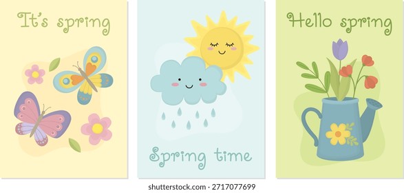 Conjunto de tres tarjetas de felicitación de primavera. Ilustraciones coloridas con mensajes y Elementos de temporada	