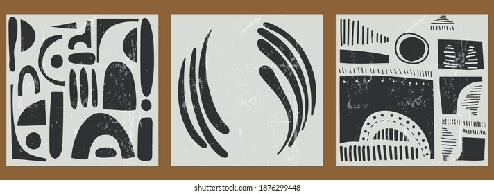 Set of three square abstract minimalist backgrounds. Hand-drawn illustrations with doodle pattern for  for wall decoration, postcard or brochure, cover design, stories, social media, app design.