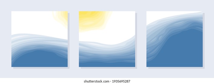 Conjunto de tres cuadros abstractos cuadrados. Mar, ola oceánica, agua azul, sol amarillo brillante sobre fondo blanco. Composición combinada de pinturas murales, portadas, publicaciones en medios sociales. Estilo sencillo, minimalismo