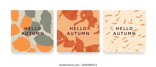 Set of three square autumn greeting posts with orange leaves and Hello Autumn lettering. Minimal flat vector botanical design in warm muted colors for seasonal social media