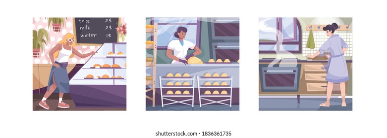 Set of three square bakery compositions with indoor views of kitchen and cafe with human characters vector illustration