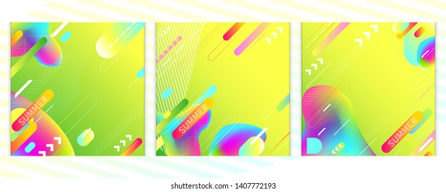 Set of three square banners summer green holiday 3d backgrounds vector Illustration graphic design of poster flyer leaflet party poster flash