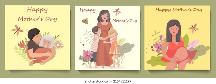 A set of three square cards congratulations on Mother's Day, an elderly mother, a mother with two children, and a pregnant woman, vector illustration.