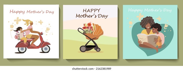A set of three square cards with congratulations on Mother's Day, mother and daughter ride a scooter, a blooming baby stroller with poppies, a dark-skinned mother reads a book to her son.