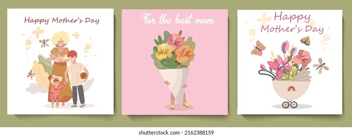 A set of three square cards with congratulations on Mother's Day, a mother of many children with three children, a blooming stroller, baby holds a huge bouquet of hibiscus, vector illustration.